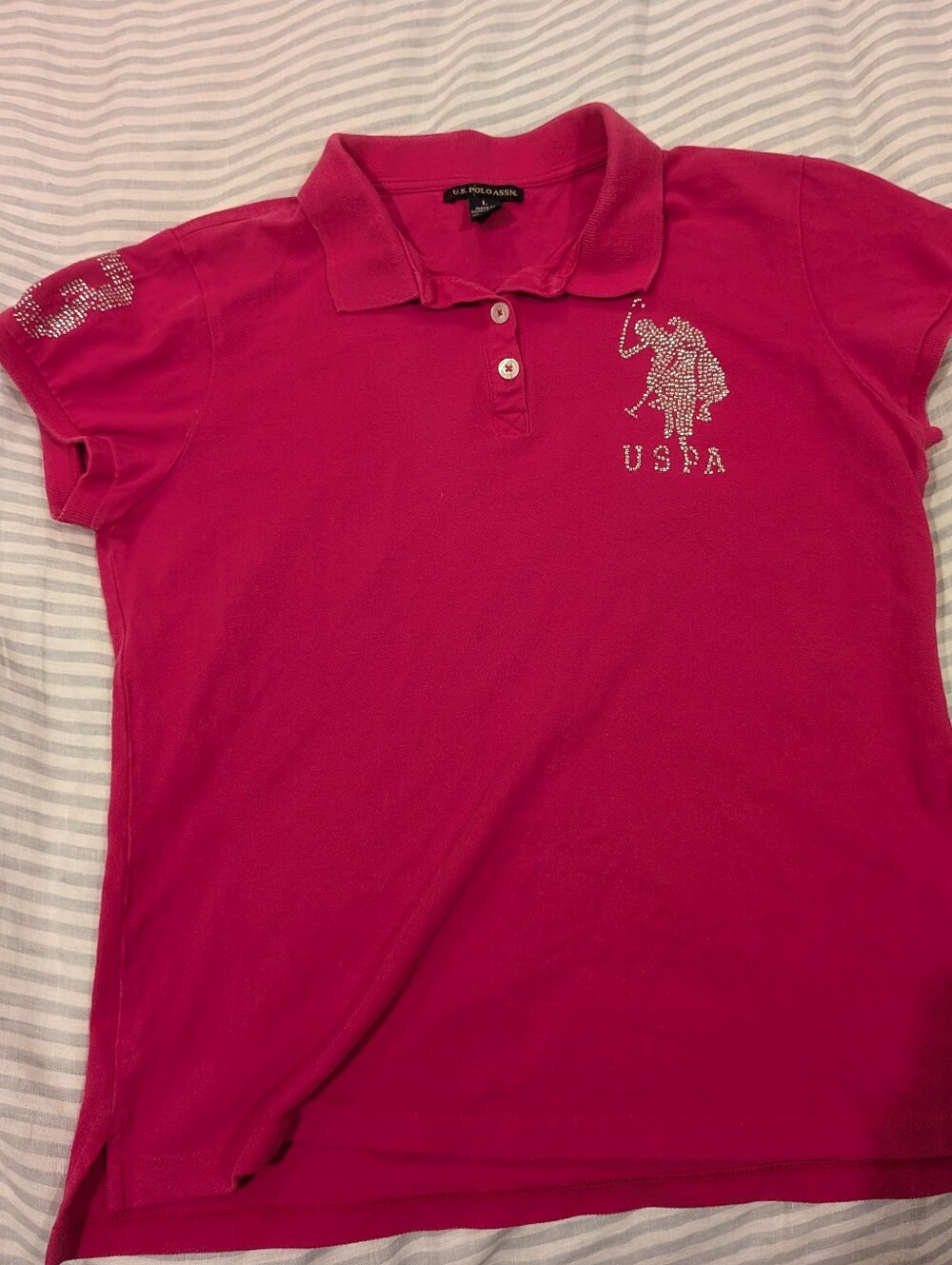 True Vintage U.S. Polo Assn. Women's Pink Polo with Rhinestone Pony - L